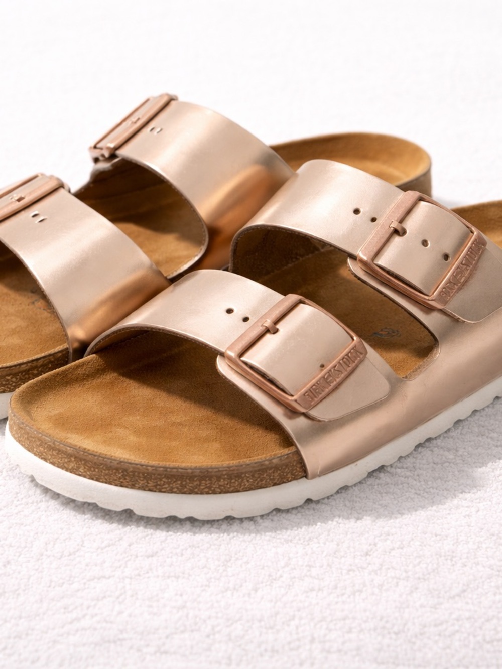 Birkenstock Arizona Metallic Rose Gold Double Strap Slide Sandals size 39